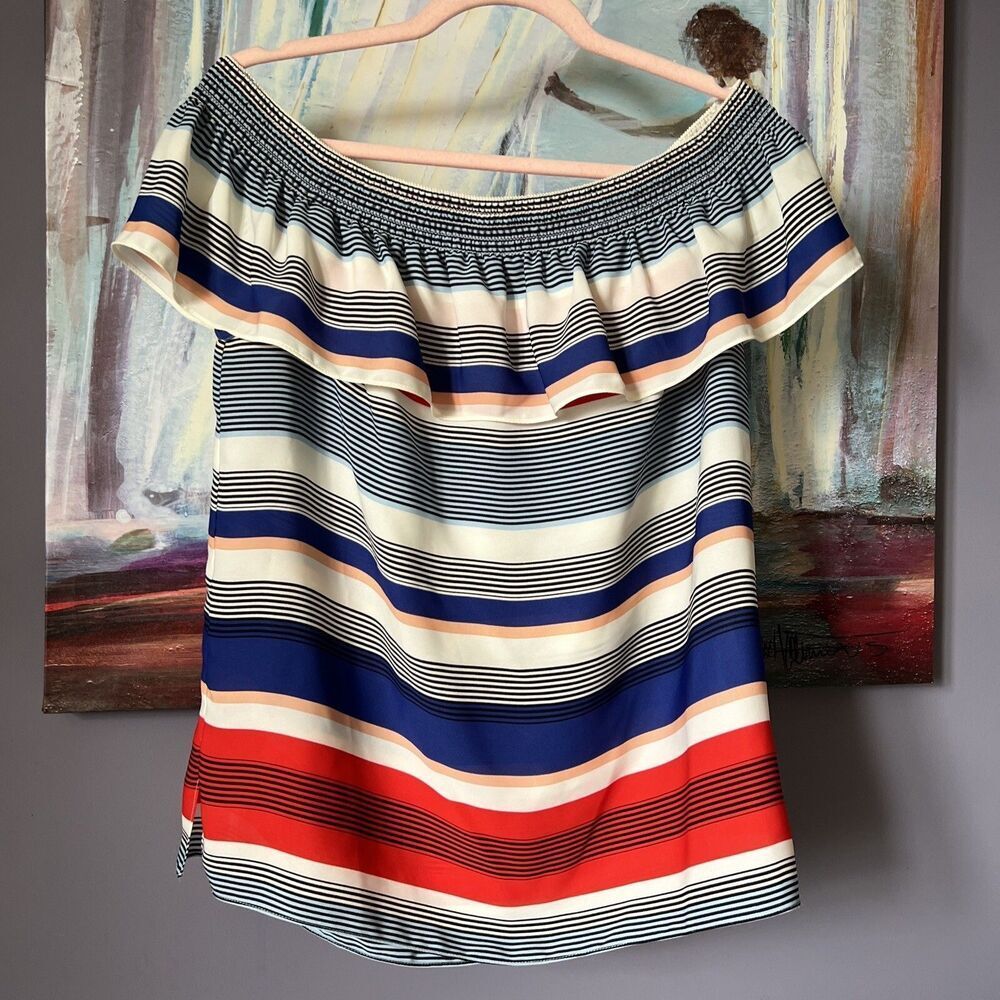 Laundry By Shelli Segal Size S-XS Off The Shoulder Patriotic Shirt Red Blue